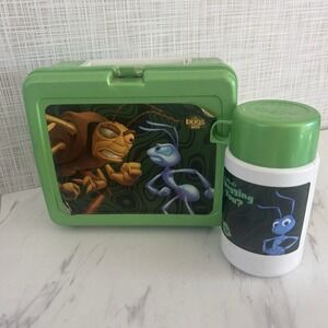 Vintage A Bug's Life Green Plastic Lunchbox & Thermos Disney 1998 BxH